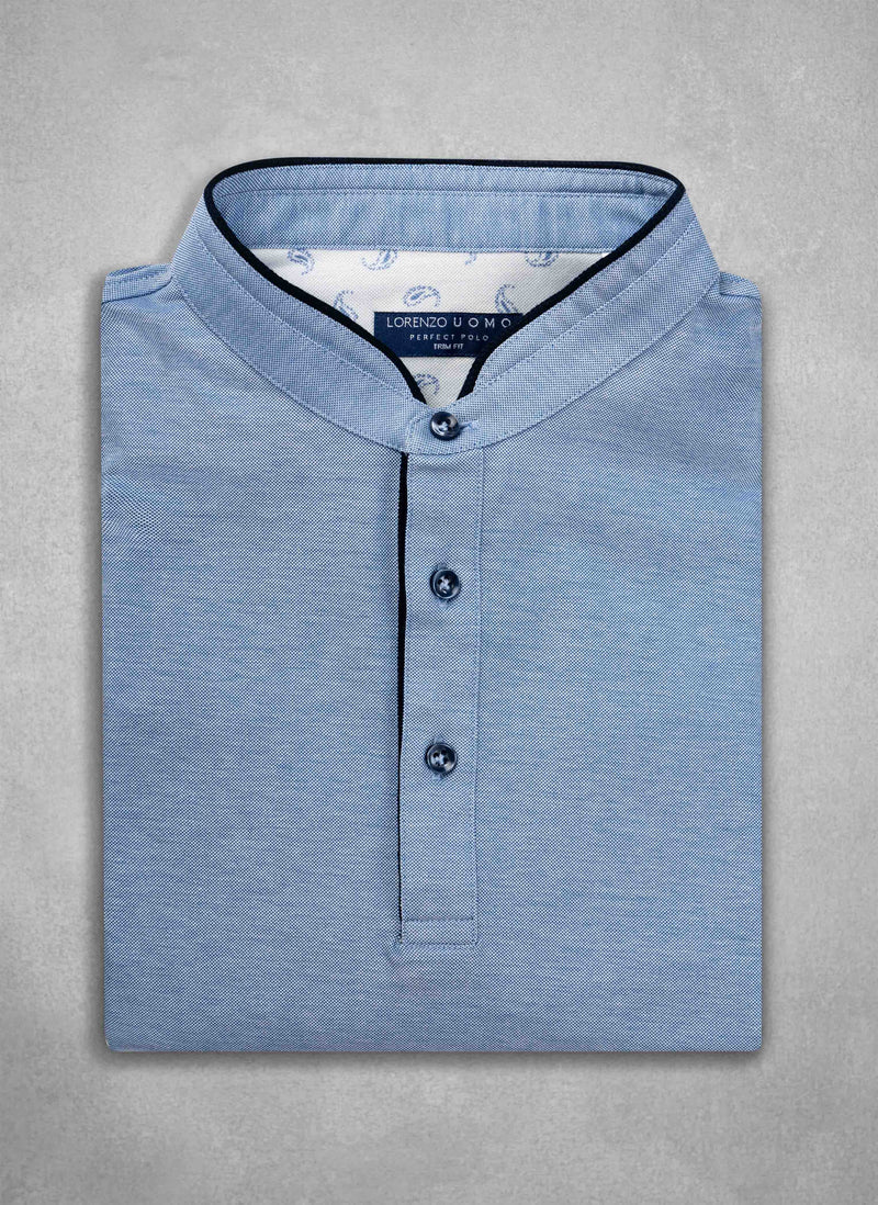 Perfect Polo Shirt with Band Collar in Azure Blue, XL Perfect Polo Shirt with Band Collar in Azure Blue, XL