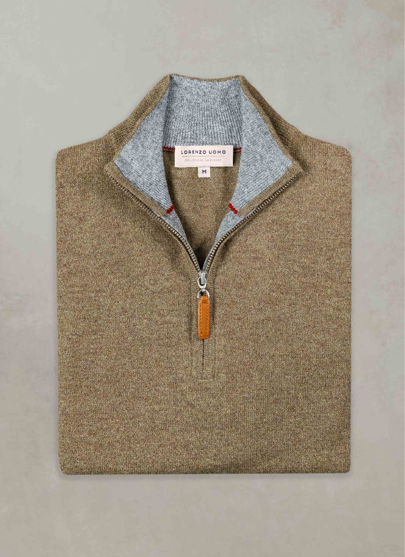 flat lay image of a solid quarter zip cashmere sweater in light olive with light grey contrasting inside of collar