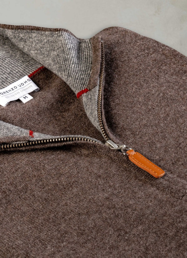 close up image of quarter zip cashmere sweater in brown heather with ykk zipper