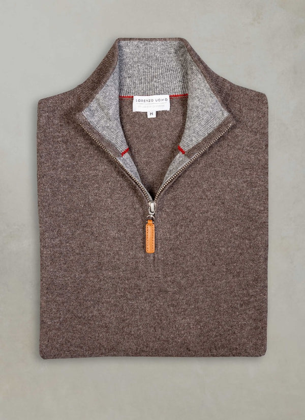 flat lay image of a solid quarter zip cashmere sweater in brown heather with light grey contrasting inside of collar