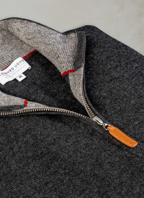 Men's Madison Quarter Zip Cashmere Sweater in Heather Dark Grey zipper detail