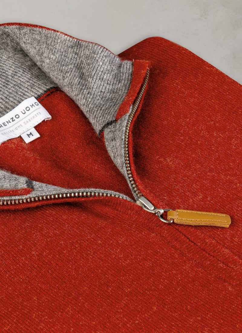 close up image of cashmere quarter zip sweater in cinna with ykk zipper