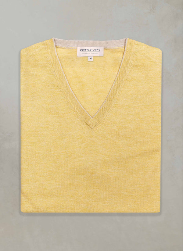 Contrast V-Neck Cashmere Sweater in Yellow