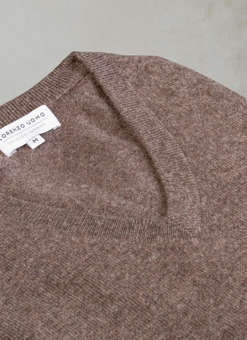 angle close up image of our heather brown cashmere v-neck sweater