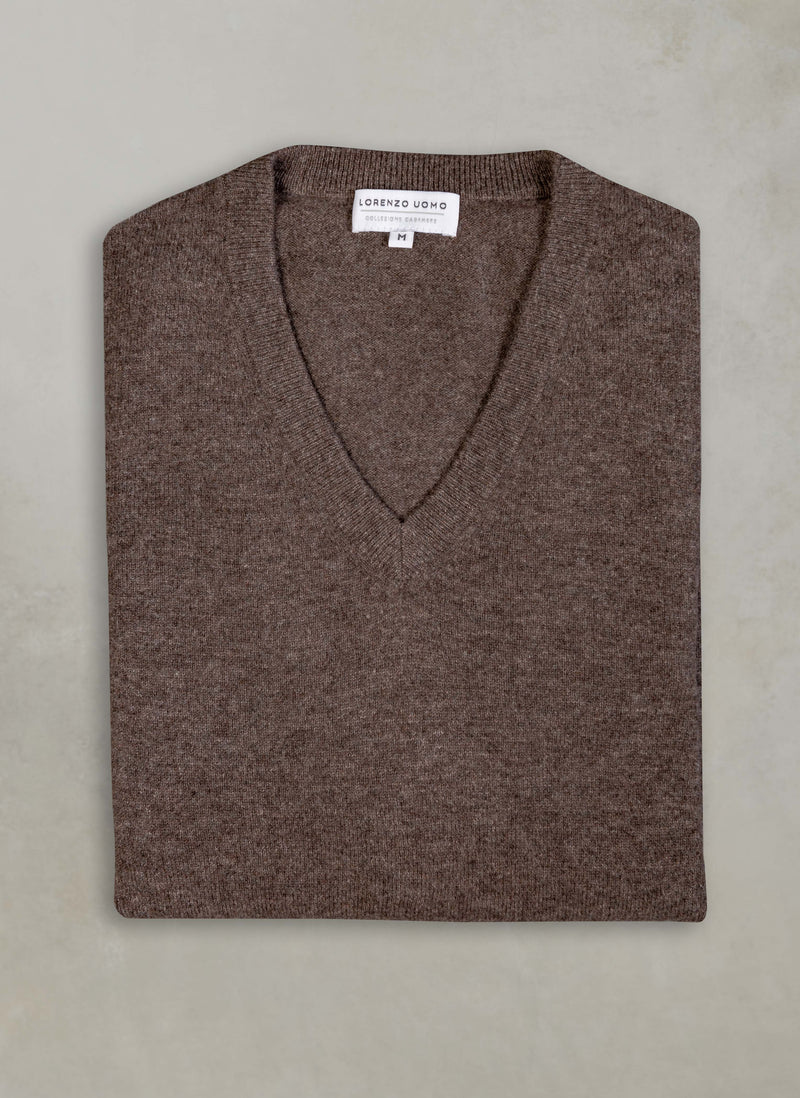 our heather brown cashmere v-neck sweater flat lay