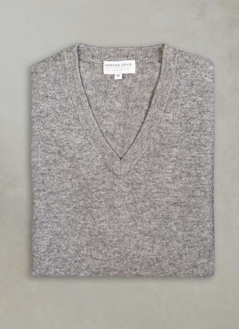 flat lay image of our cashmere v-neck sweater in light grey heather