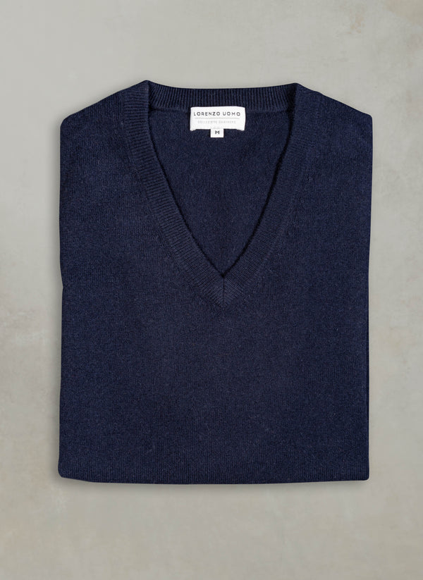 flat lay image of our cashmere v-neck swetaer in navy blue