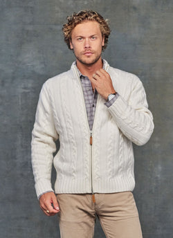 Men's Aspen Cable Full Zip Up Cashmere Sweater in Ivory, S