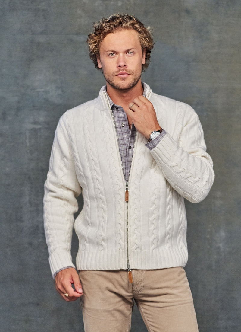 model image of men's aspen cable full zip cashmere sweater in ivory and men's brown and blue plaid dress shirt