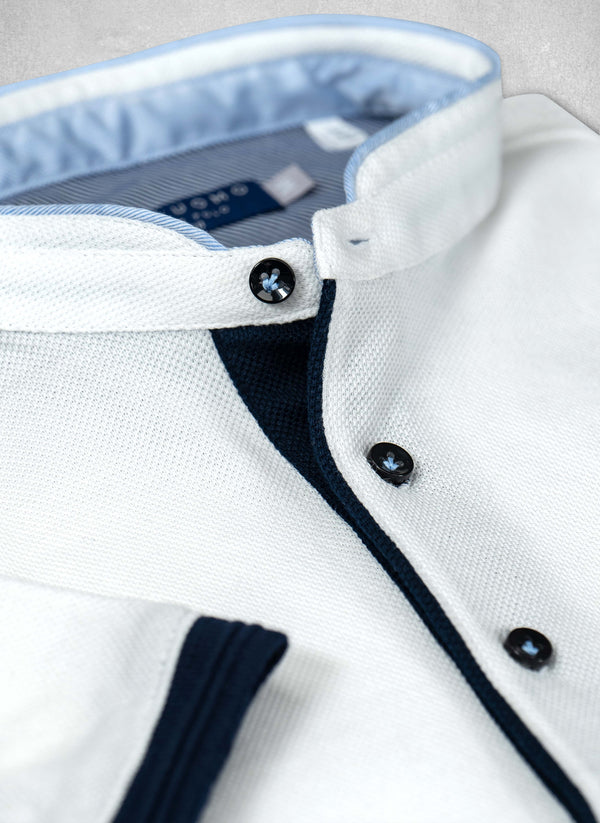 Polo Shirt in Optic White with Banded Collar with Navy Buttons 