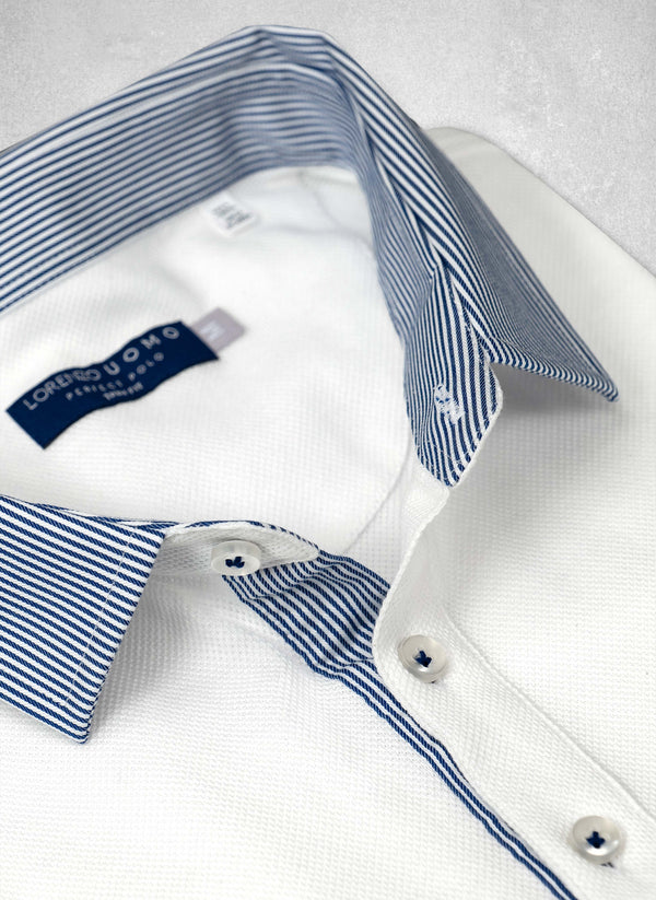 Polo Shirt in Optic White with Blue and White Stripe collar