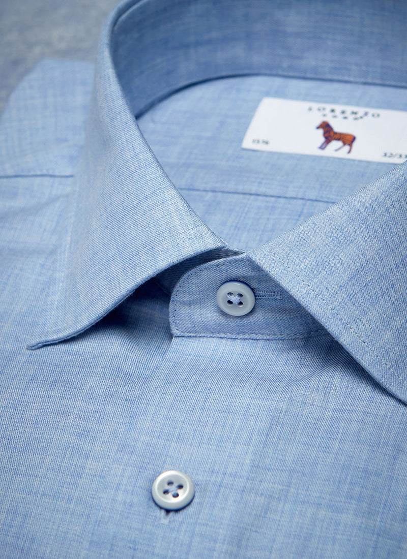 Collar detail image of Alexander in Heather Blue Shirt with light blue buttons