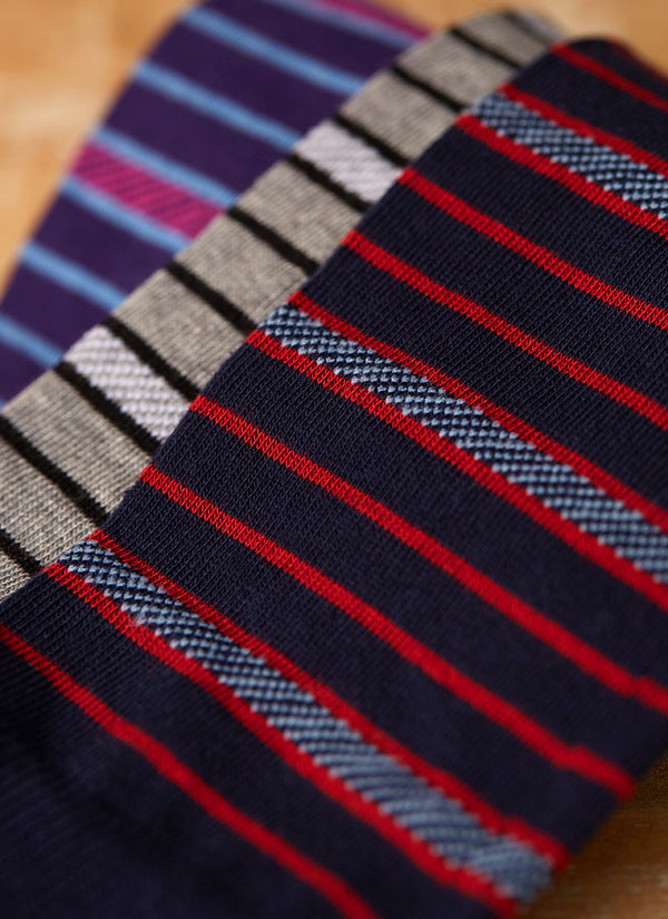 Grouping of Dashed Simple Stripe Sock  in Navy, Dashed Simple Stripe Sock  in Grey and Dashed Simple Stripe Sock  in Purple