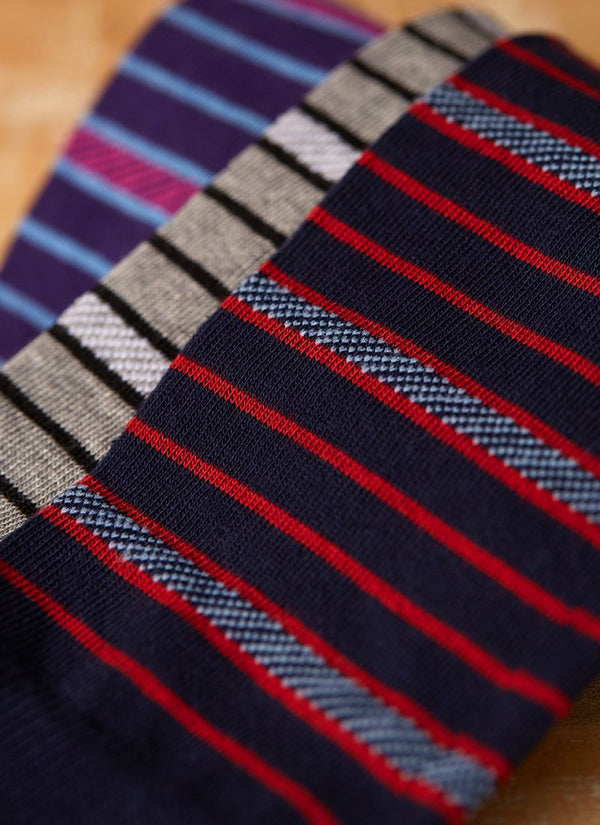 Grouping of Dashed Simple Stripe Sock in Navy, Dashed Simple Stripe Sock in Grey and Dashed Simple Stripe Sock in Purple