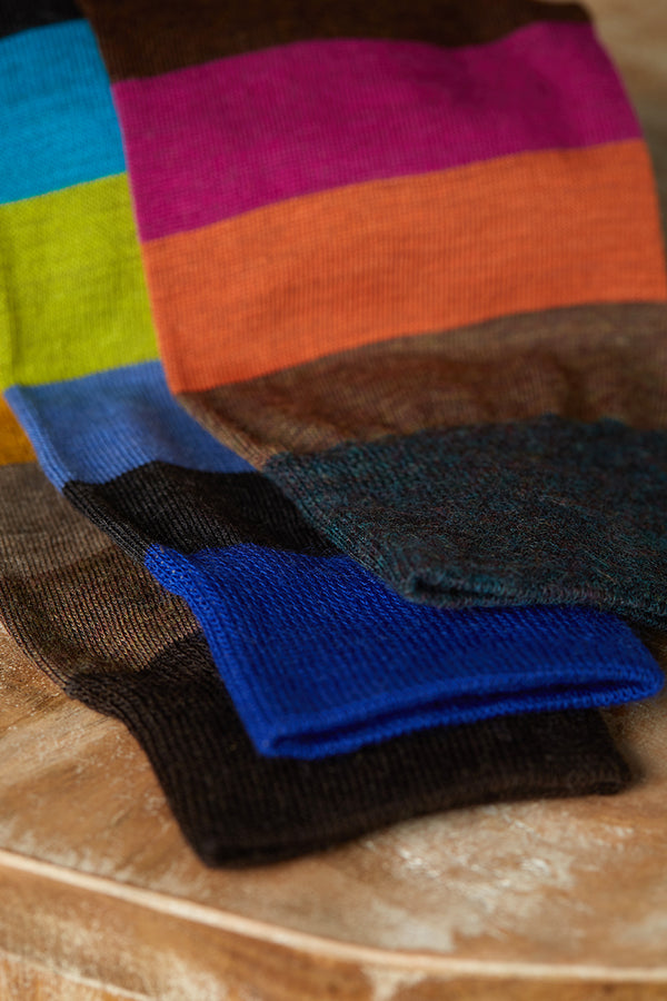 Grouping of Merino Wool Color Block Sock in Blue, Merino Wool Color Block Sock in Fuchsia, and Merino Wool Color Block Sock in Brown