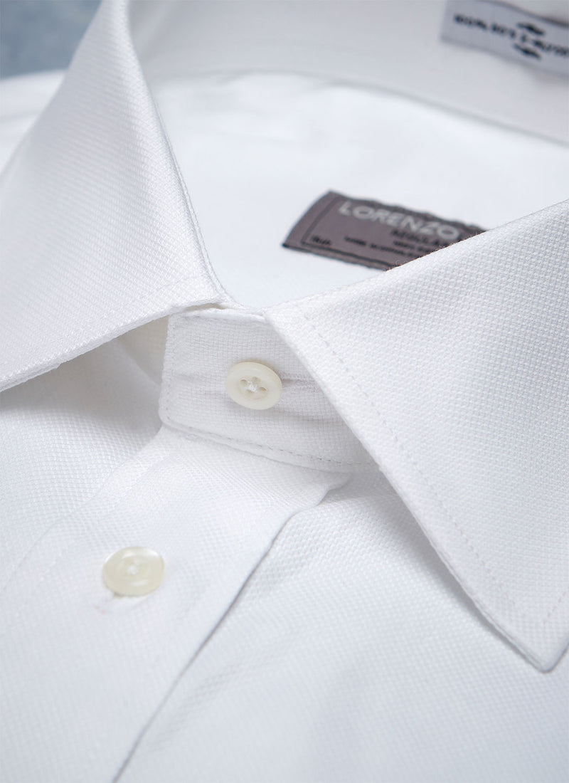 collar detail of solid white oxford basketweave dress shirt