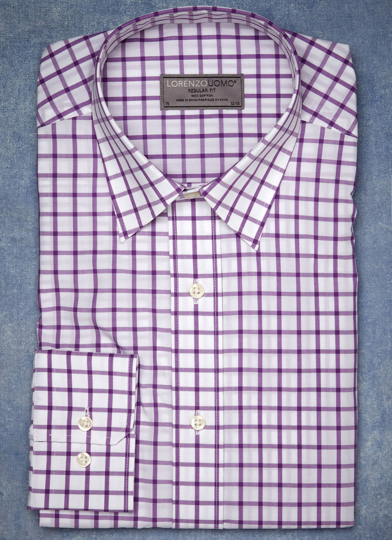 purple windowpane dress shirt Lumis-Biloba Purple And Bright White Plaid Formal Premium Cotton Shirt For Men
