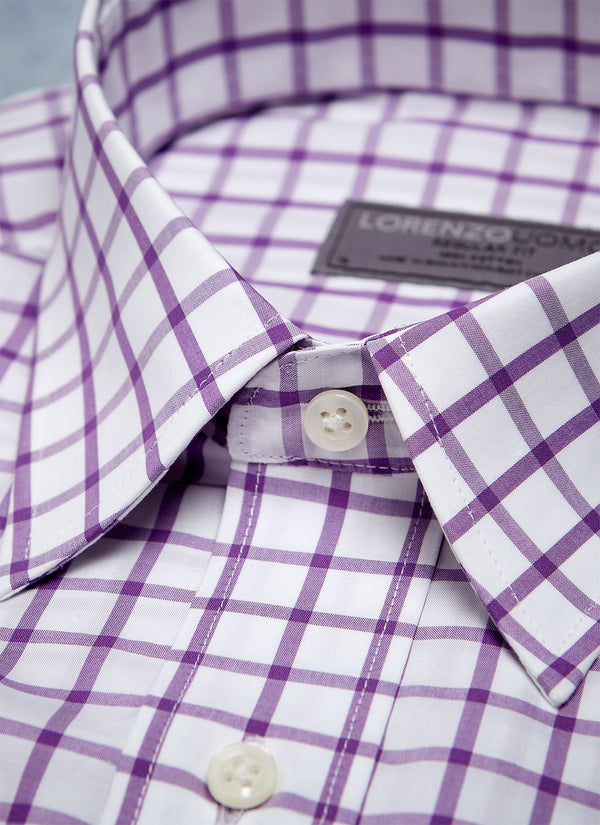 collar detail of purple windowpane dress shirt with white buttons
