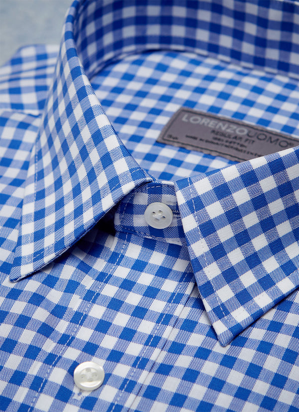 collar detail of blue check shirt