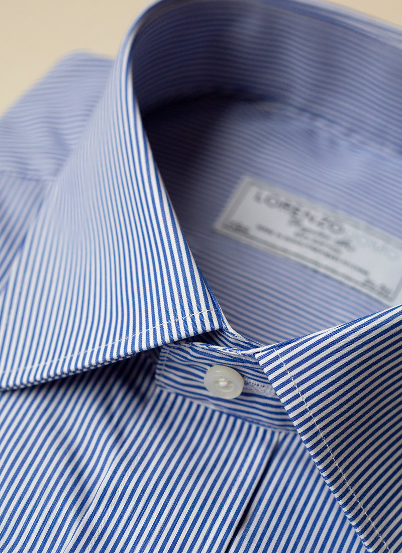collar detail of thin blue stripe dress shirt
