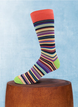 Thin Multi Stripe Sock in Lime and Coral