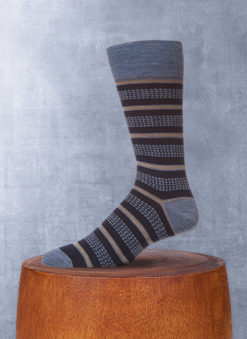 Merino Wool Houndstooth Stripe Sock in Denim