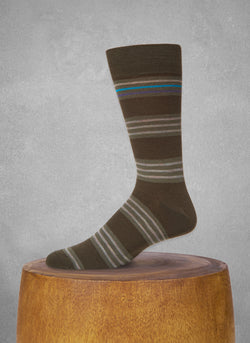 Merino Wool Contrast Top Stripe Sock in Olive Green