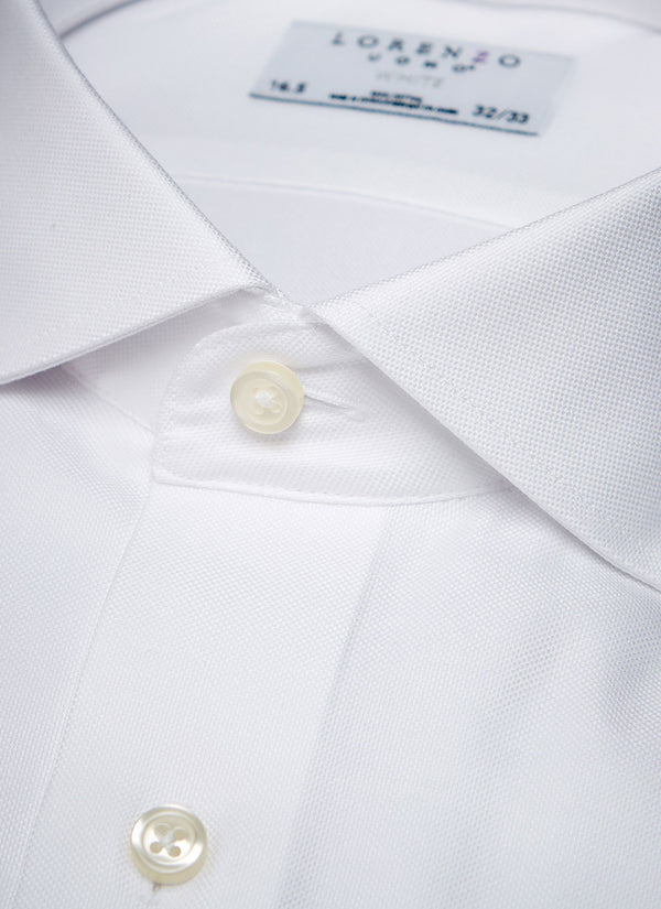 collar of solid white basket weave shirt with white buttons