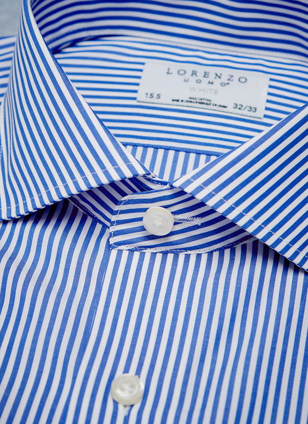 collar detail of blue stripe shirt with white buttons