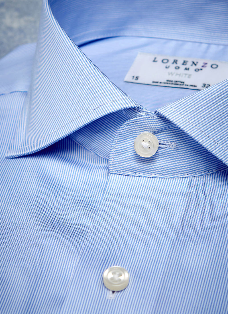 collar detail of blue thin stripe shirt with white buttons