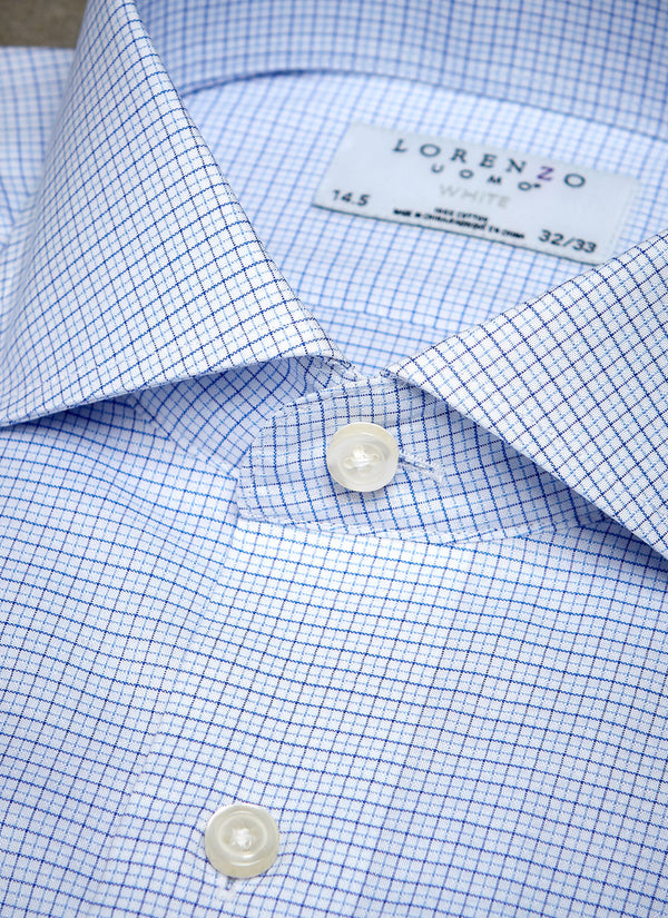 collar detail of light blue check shirt with white buttons