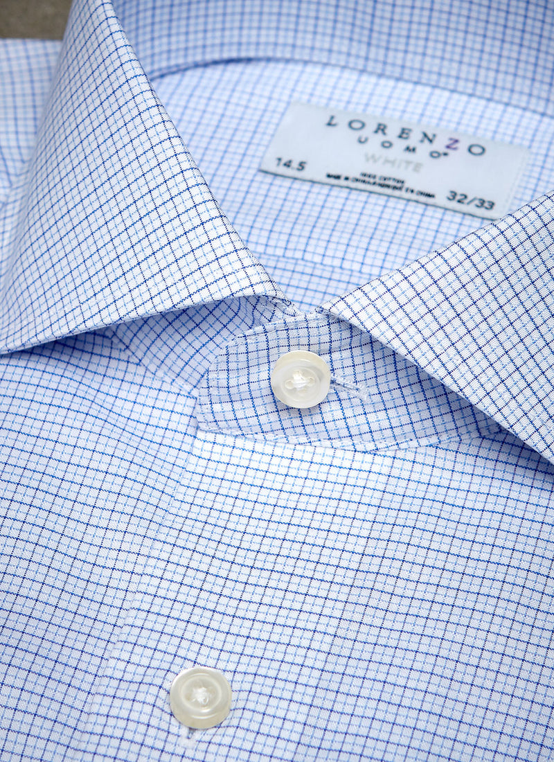 collar detail of light blue check shirt with white buttons