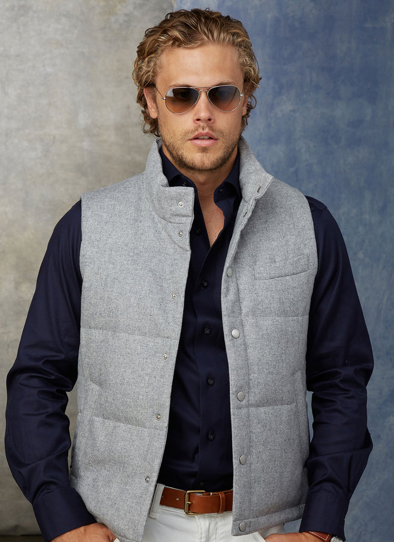 Navy Poplin Shirt with grey vest and sunglasses