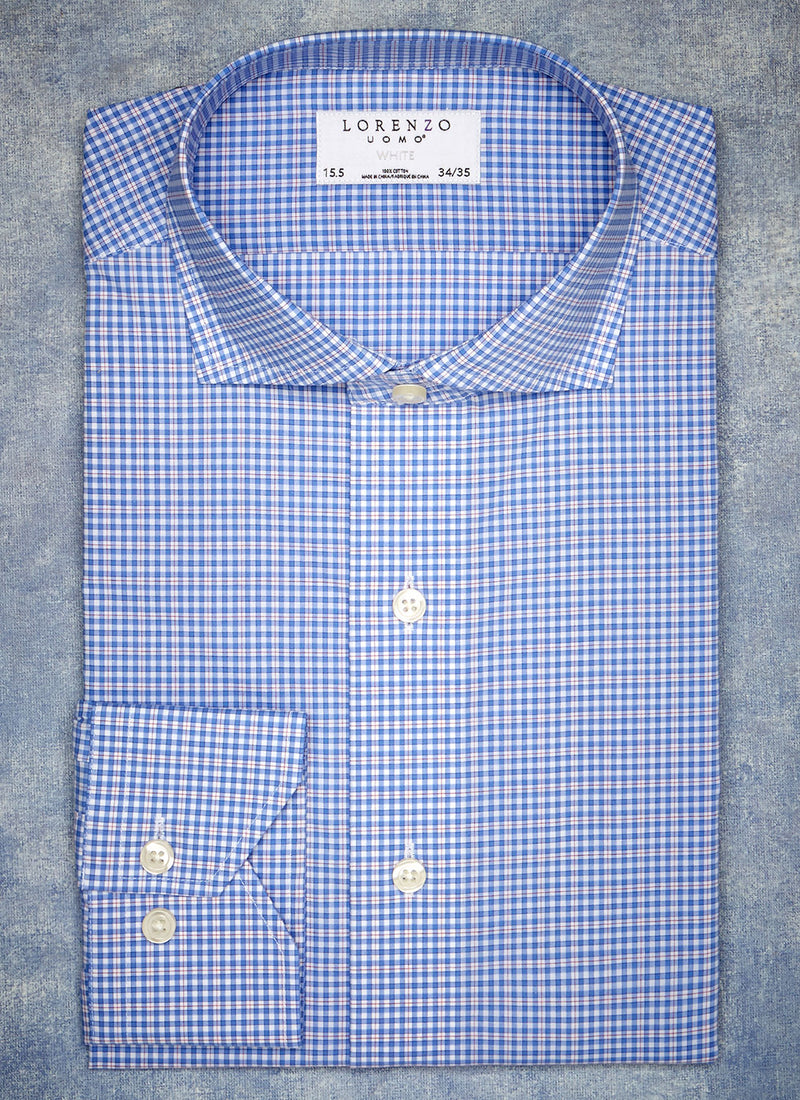 blue and red multi check shirt with white buttons, button holes and button threads