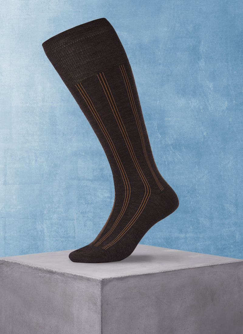 Merino Vertical Over the Calf Stripe Sock in Brown